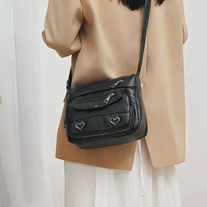 Multi-Pocket Leather Crossbody Bag for Women