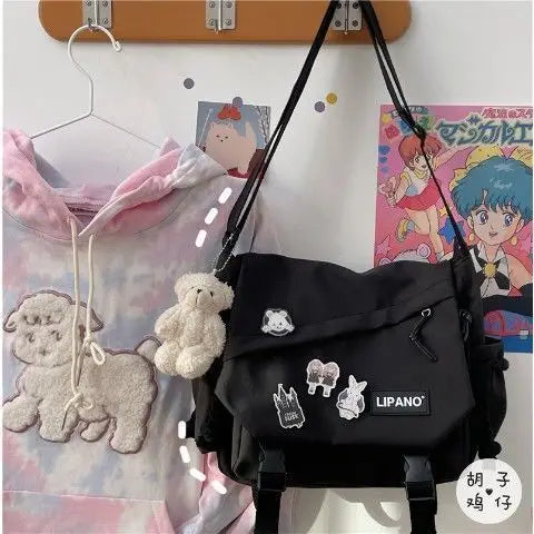 Kawaii Pins Decor Messenger Bag Release Buckle Decor Flap Crossbody Bag Large Capacity School Bag