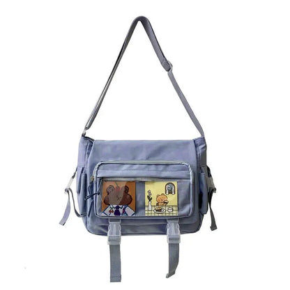 Kawaii Nylon Crossbody Bag Clear Pocket Front Shoulder Bag Student Flap Messenger Bag