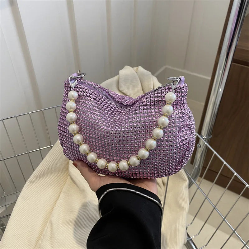 Glitter Silver Clutch Pearl Women Handbag Detachable Chain Crossbody Bags Wedding Prom Party Formal
