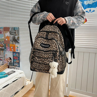Leopard Print Backpack – Large Capacity School Bookbag with Side Mesh Pockets