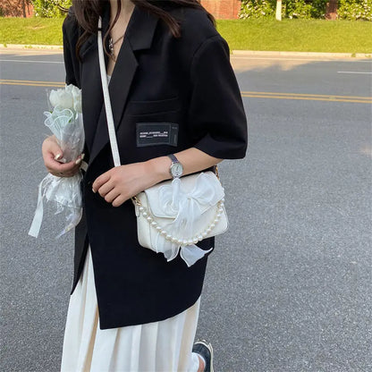 Pearl Lace Bow Collocation Pu Leather Small Tote Bag Women Daily Use Handbag Shoulder Cross Body