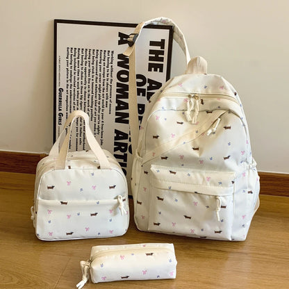 Chic Puppy Print Backpack Set 3pcs Handbag Pen Pouch Stitching Detail Multi Pocket Adjustable Straps