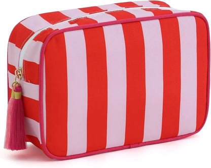 Large Striped Portable Cosmetic Bag Women Tassel Zipper Makeup Capacity Pouch Bags Casual Tote