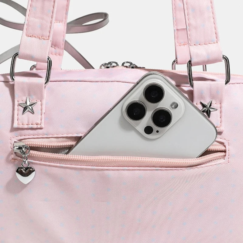 Japanese Style Nylon Ita Bag Large Capacity Cute Bow Decor Transparent Display Star Cream Color