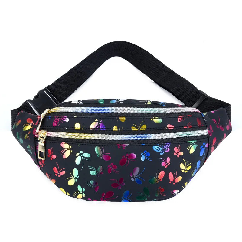 Fashionable Waist Bag Double Zipper Butterfly Multifunctional Shoulder Crossbody Pu Change Mobile