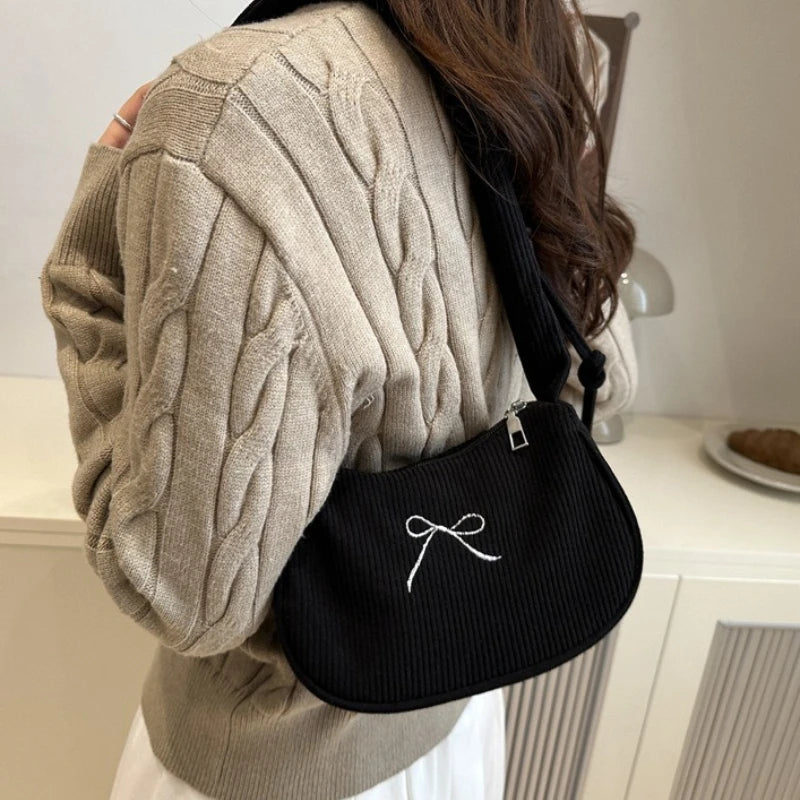 Corduroy Bow Shoulder Bag with Ruched Drawstring Handle
