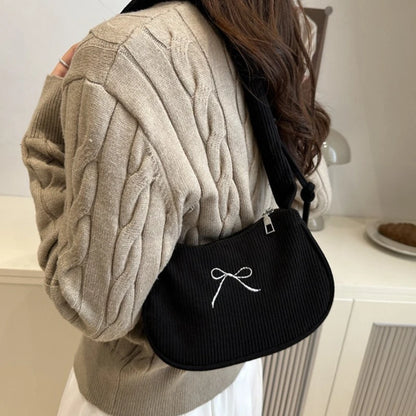 Corduroy Bow Shoulder Bag with Ruched Drawstring Handle