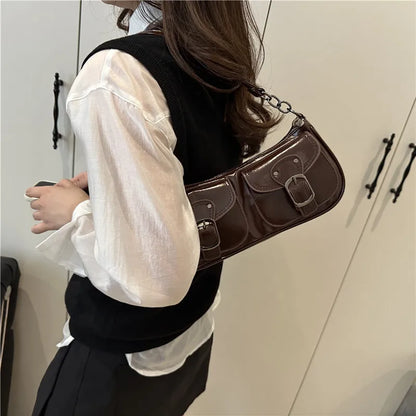 Small Double Pocket Pu Leather Women S Shoulder Bag Design Ladies Underarm Bags Y2k Vintage Female