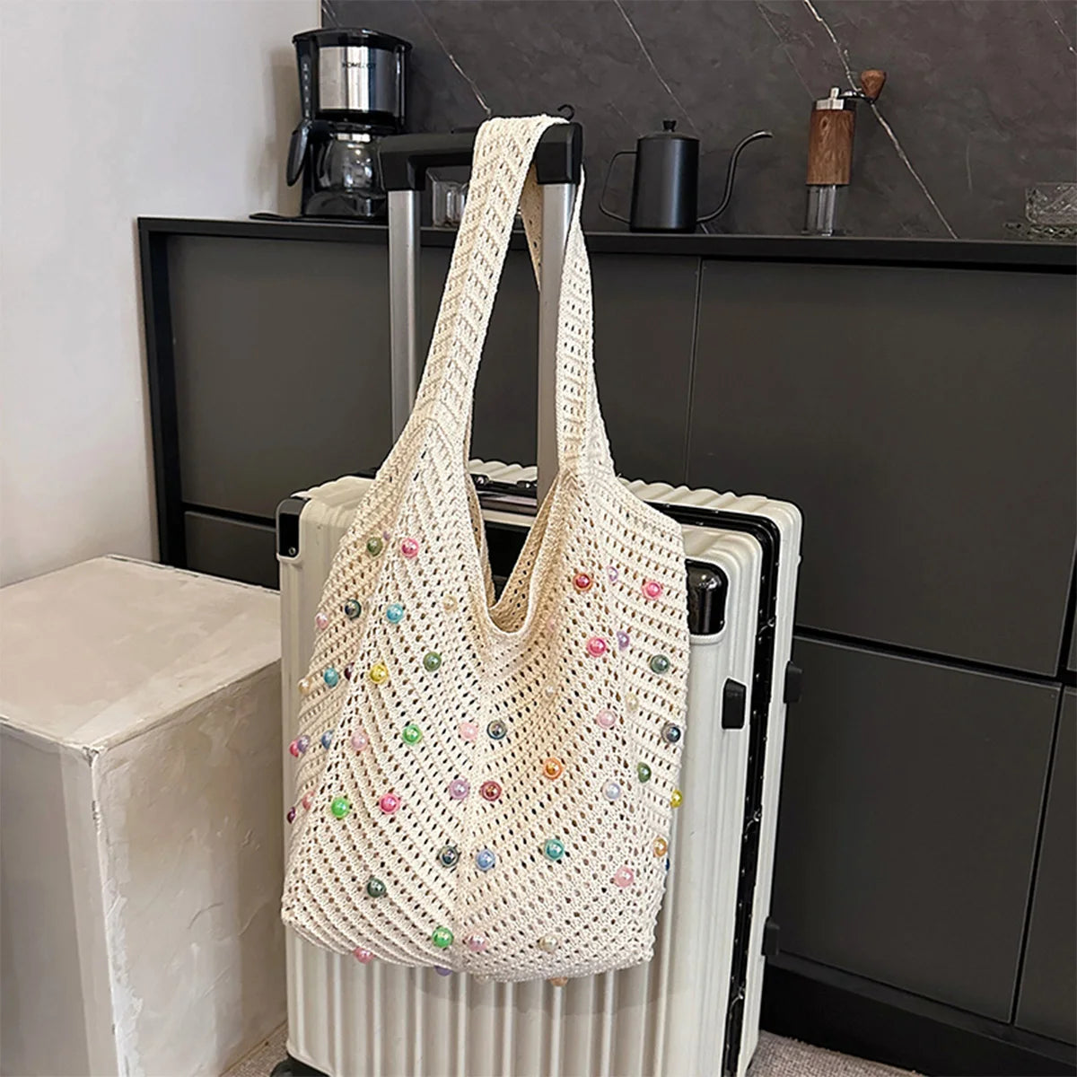 Beach Knitted Openwork Women Shoulder Bag Colorful Pearl Tote Soft Material Large Capacity Versatile
