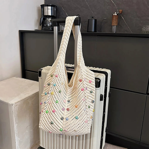 Beach Knitted Openwork Women Shoulder Bag Colorful Pearl Tote Soft Material Large Capacity Versatile