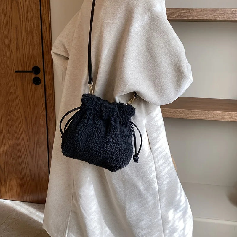 Fashionable Mini Plush Crossbody Bag Drawstring - Soft Fuzzy Bucket Women - Soft