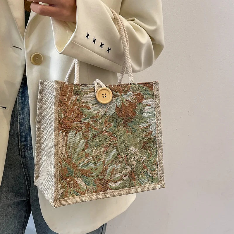 Linen Beach Tote Bag with Floral Print & Button Closure