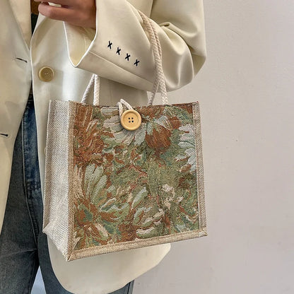 Linen Beach Tote Bag with Floral Print & Button Closure