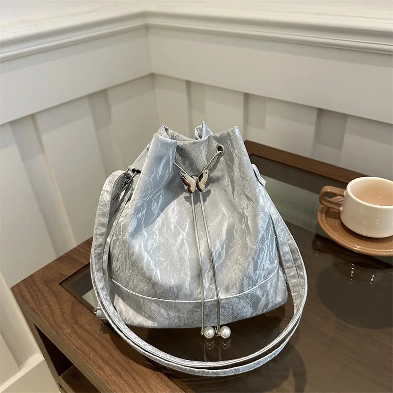 Drawstring Tote Bag Butterfly Pearl Convertible 2-In-1 Backpack Single Shoulder Purse - Soft
