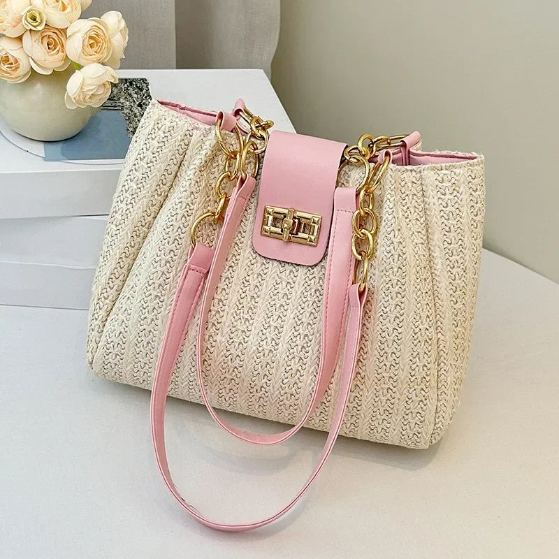 Straw Woven Tote Bag with Chain Leather Strap for Women