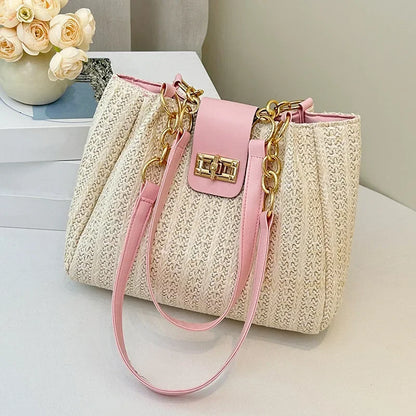 Straw Woven Tote Bag with Chain Leather Strap for Women