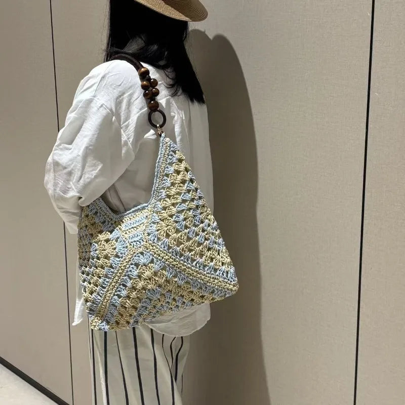 Boho Crochet Woven Tote Bag with Wooden Bead Handle