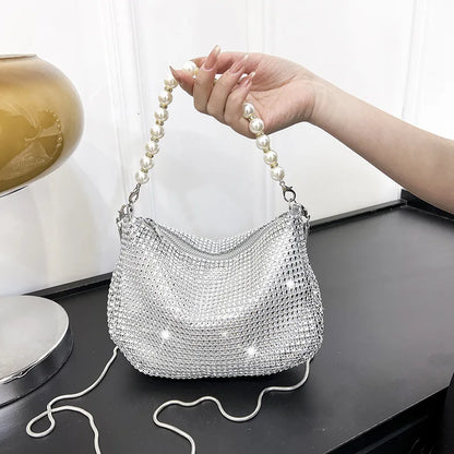 Glitter Silver Clutch Pearl Women Handbag Detachable Chain Crossbody Bags Wedding Prom Party Formal
