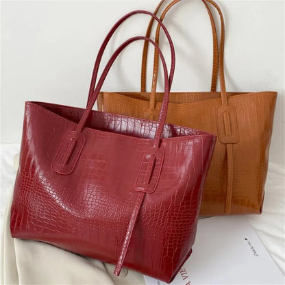Large Capacity Tote Bag for Women – Croc-Embossed Shoulder Handbag
