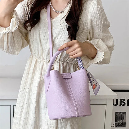Elegant Bucket Handbag Shoulder Bag Silk Scarf Fashionable Faux Leather Tote Crossbody Bags Women S