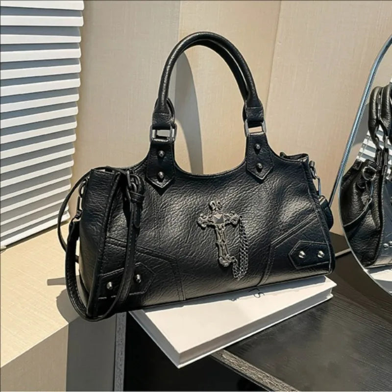 Gothic Shoulder Bag – Vintage Faux Leather Cross Chain Handbag