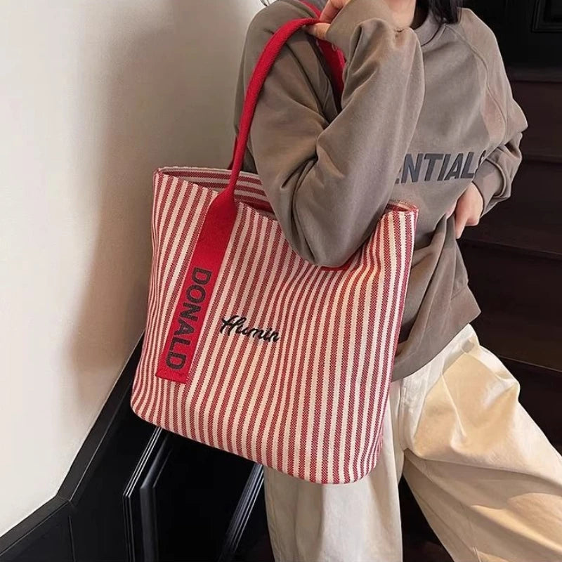 Striped Canvas Tote Bag – Large Capacity Women's Shoulder Shopper