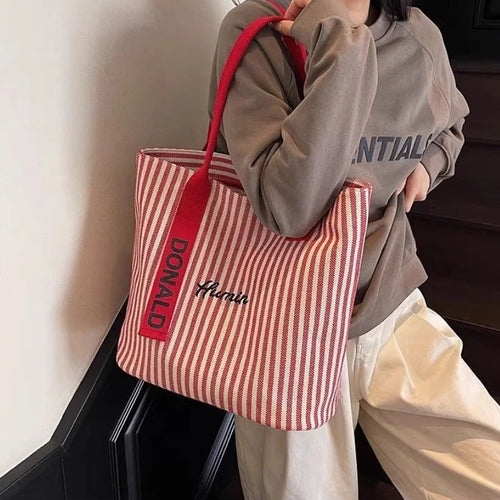 Striped Canvas Tote Bag – Large Capacity Women's Shoulder Shopper