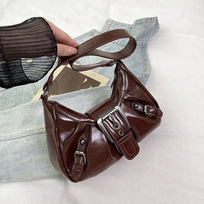 Simple Leather Shoulder Bag Big Metal Buckle Decor Side Strap Details Underarm Adjustable Wide Y2k