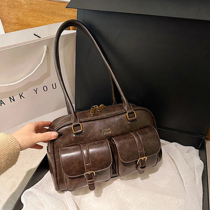 Multi-Pocket PU Leather Shoulder Bag with Decorative Charm