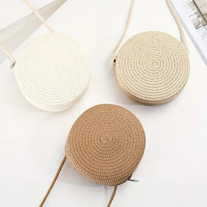 Round Woven Straw Crossbody Bag for Women