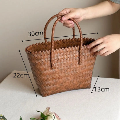 Handwoven Straw Tote Bags Multi Size Natural Woven Basket Bag Handbag Bamboo Handles Women Bohemian