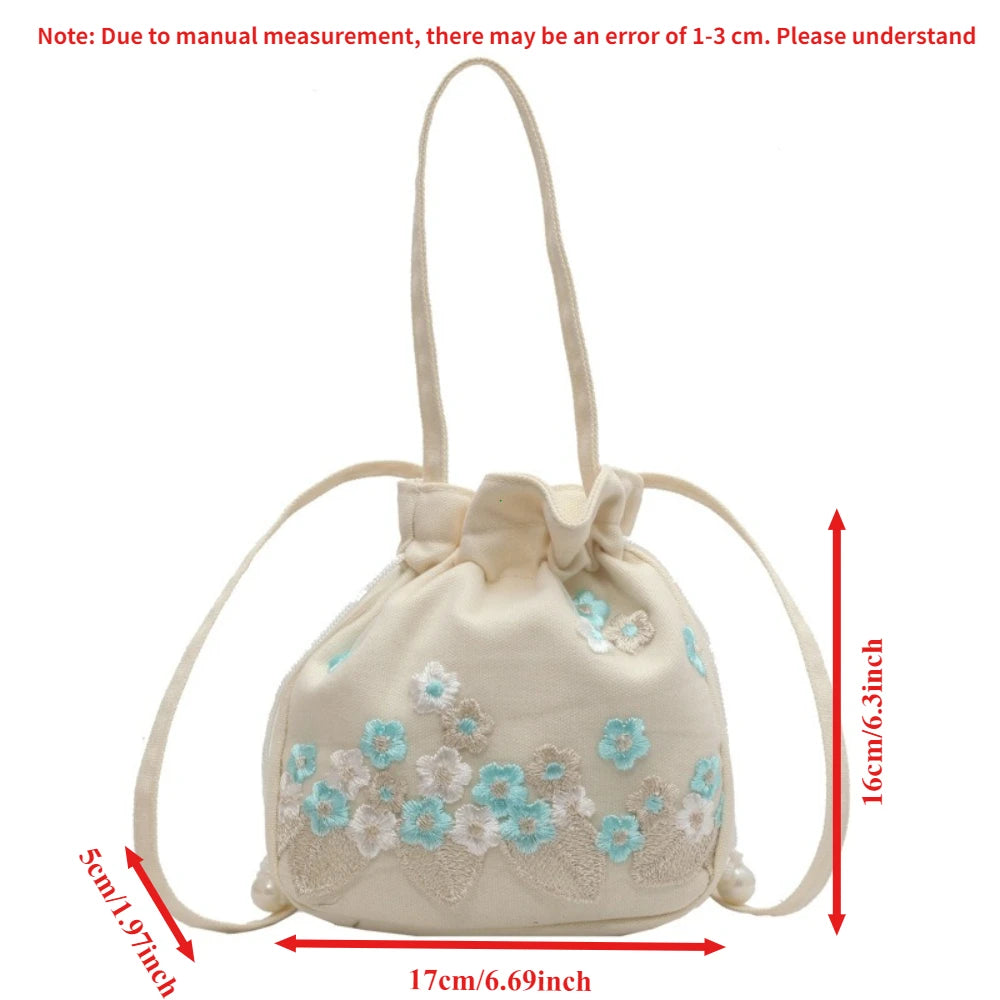 Ethnic Style Hanfu Drawstring Bag Chinese Crossbody Embroidery Flower Handbag Storage Ancient Floral