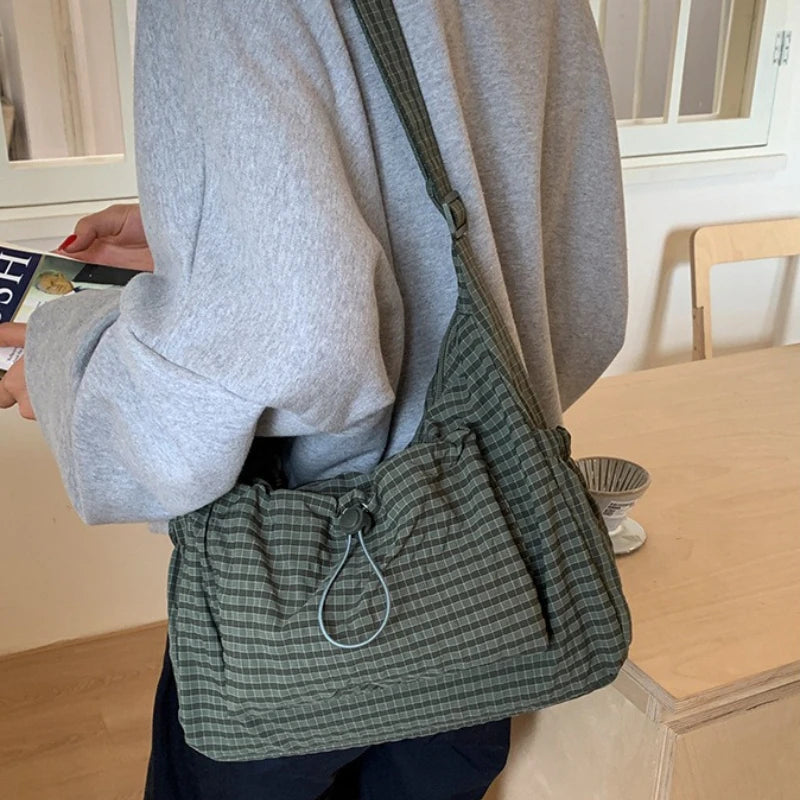 Plaid Drawstring Crossbody Bag – Large Capacity Shoulder Tote