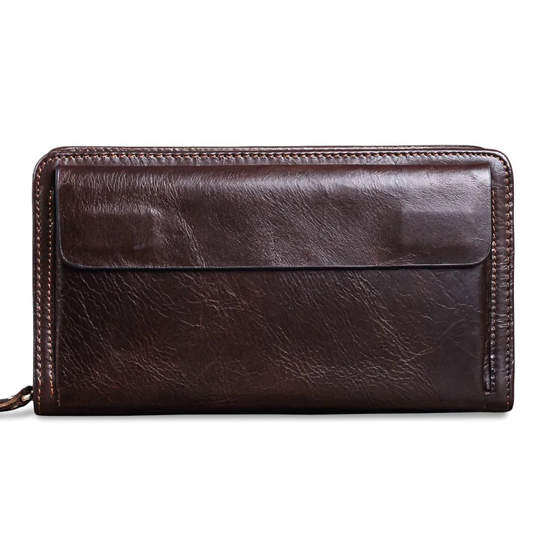 Men S Long Wallet Large Capacity Retro Real Leather Mobile Phone Storage Buckle Handheld Business