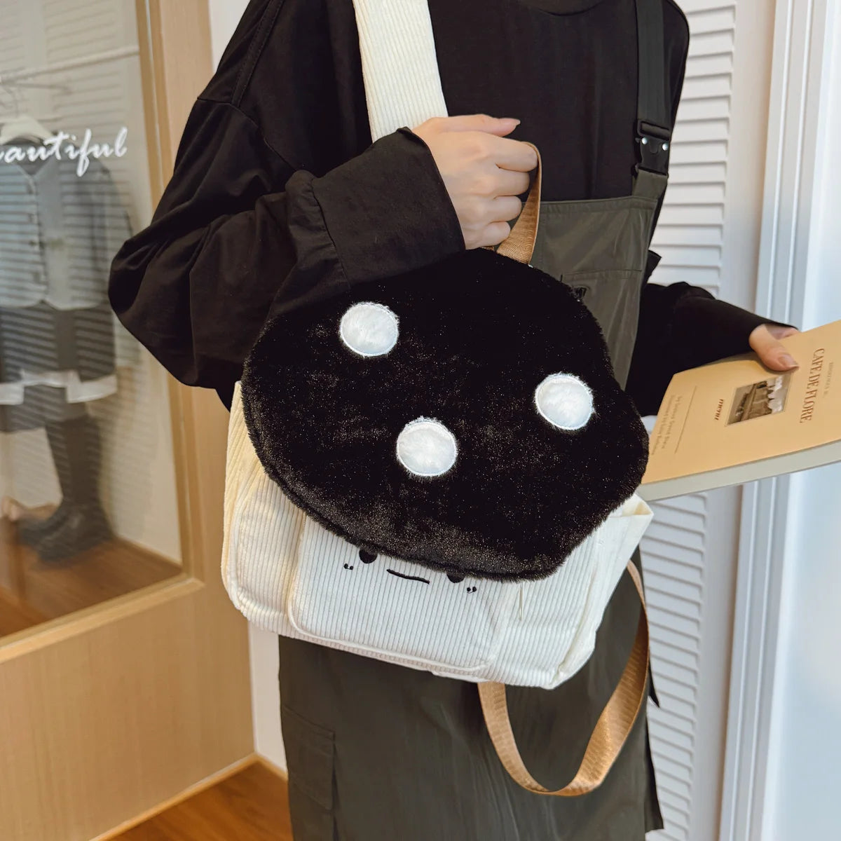 Fashionable Plush Cartoon Mushroom Student Backpack Soft Lightweight Large Capacity Girl S School