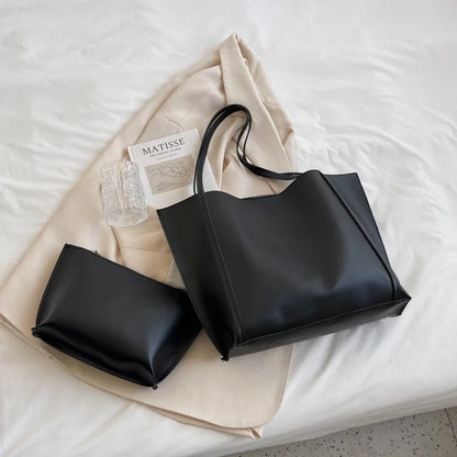 Large Capacity Tote Bag with Inner Pouch – Faux Leather