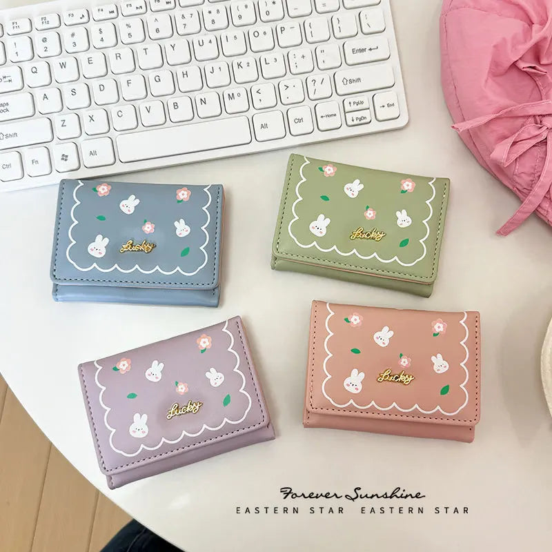 Cute Rabbit Girl Student Cartoon Short Three Folding Wallet Printed Anime Change Kawaii
