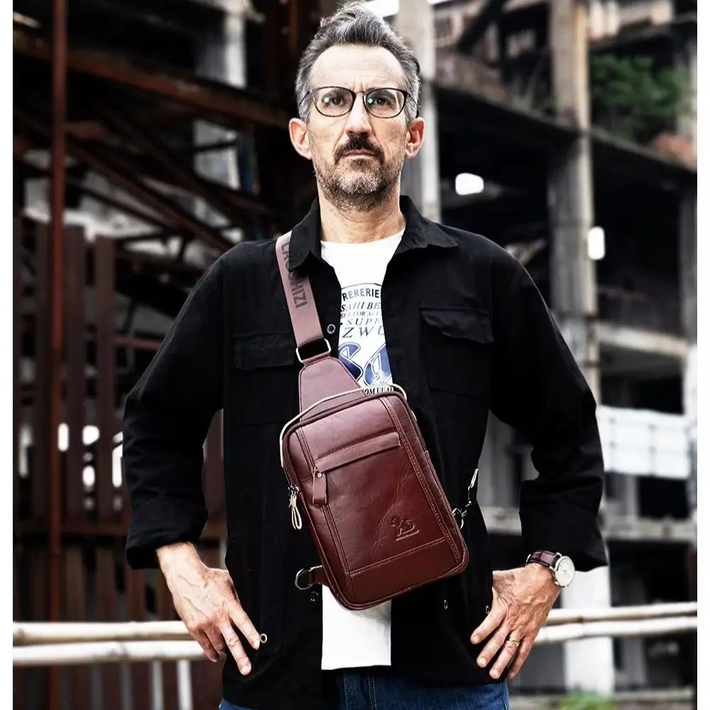 Men S Cowhide Chest Bag Retro Oil-Wax Leather Casual Chest Bag Large-Capacity Vertical