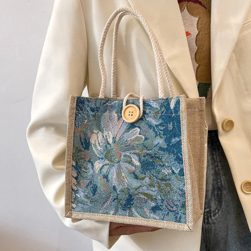 Linen Beach Tote Bag with Floral Print & Button Closure