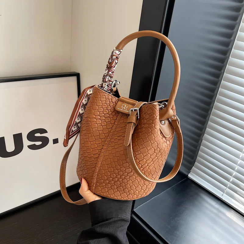 Crocodile Embossed Crossbody Bag with Silk Scarf & Top Handle