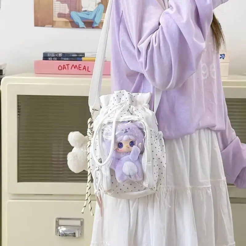 Cute Polka Dot Ita Crossbody Bag with Clear Window & Drawstring