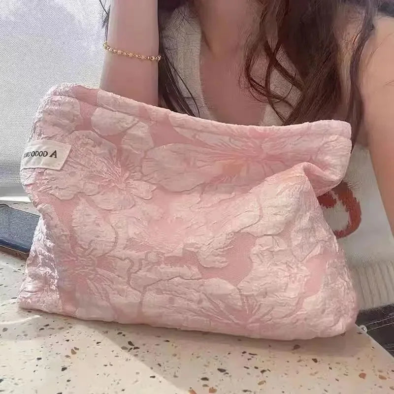 Floral Embossed Cosmetic Bag – Large Capacity Makeup Pouch