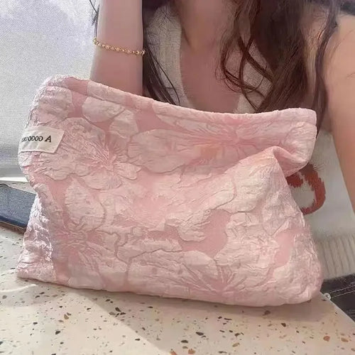 Floral Embossed Cosmetic Bag – Large Capacity Makeup Pouch