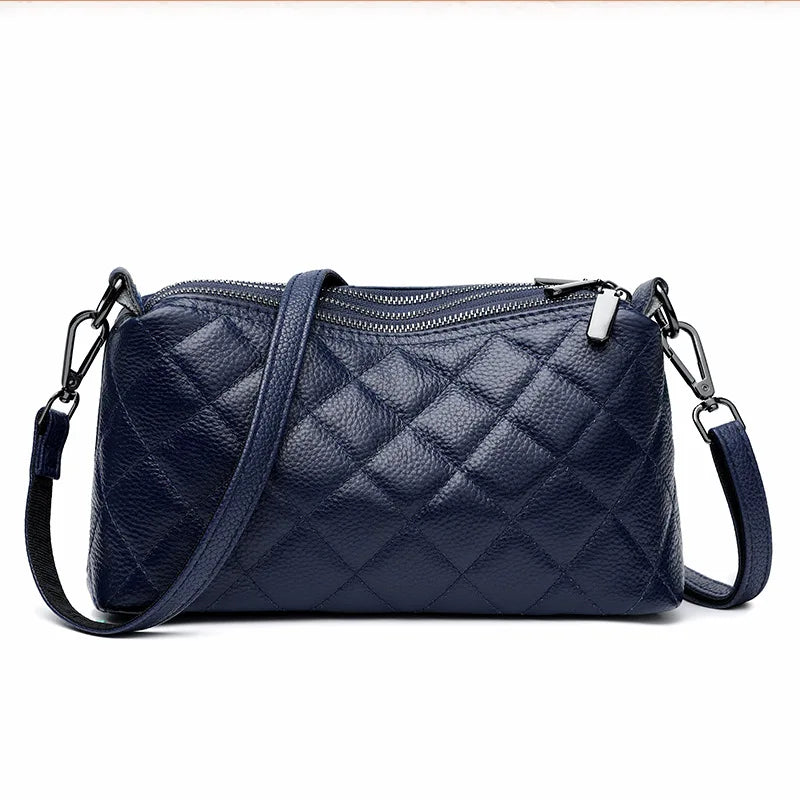 Leather Rhomb Shoulder Bag Women Simple Casual Soft Zipper Large Capacity Cowhide Crossbody - Soft