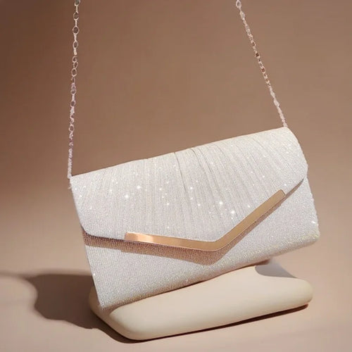 Shiny Pleated Shoulder Crossbody Bag Elegant Glitter Envelope Clutch Detachable Chain Strap Evening