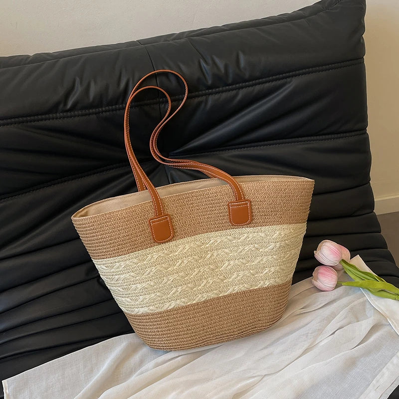 Vacation Beach Handbag Woven Stripe Pattern Women Tote Bag Large Capacity Versatile Shoulder Summer