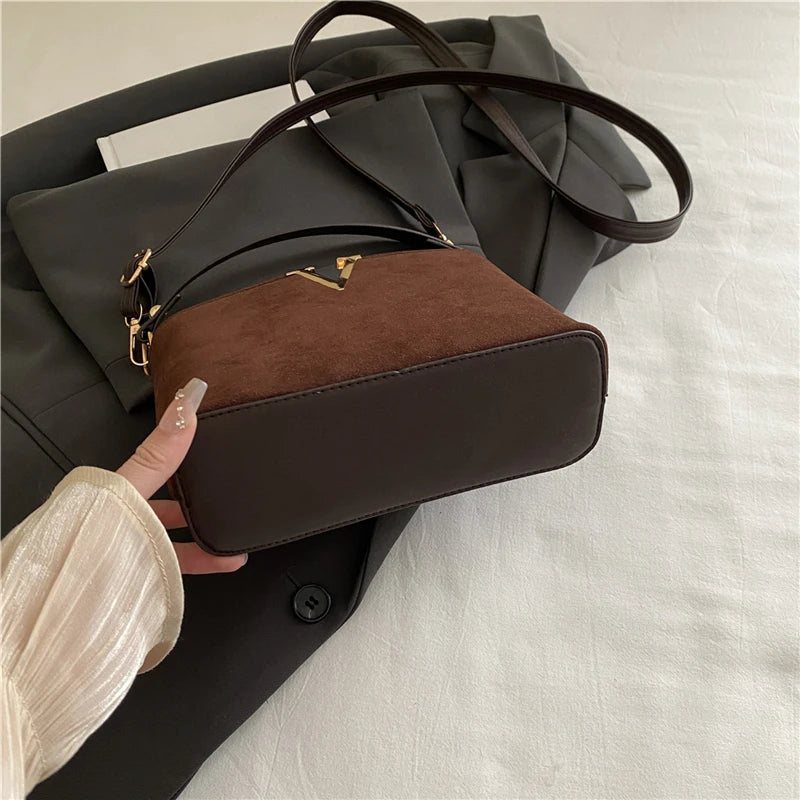 Mini Faux Suede Handbag for Women – Crossbody Bag with Gold V Clasp