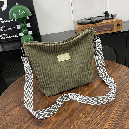 Corduroy Crossbody Bag with Wide Boho Strap