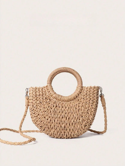 Forest Style Handmade Straw Woven Handbag Half Circle Beach Diagonal Cross Bag Bohemianstyle
